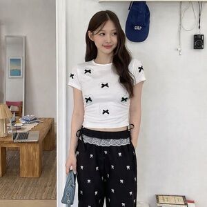 Coquette Bow Lounge Set White Baby Tee & Black Lace Pants Y2K Balletcore
